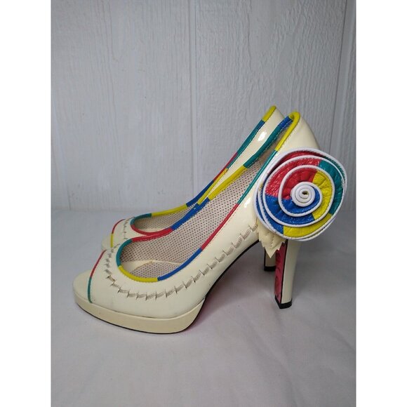 Betsey Johnson Womens 7 M Open Peep Toe High Heels Shoes Ivory Multicolor Floral - Picture 3 of 13